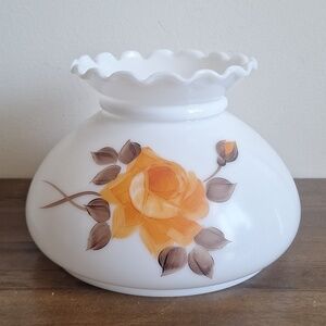 Vintage Milk Glass Hurricane Lamp Shade Hand Painted Orange Rose Ruffle Top